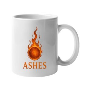 White 11oz mug with a flaming cricket ball and ASHES in orange