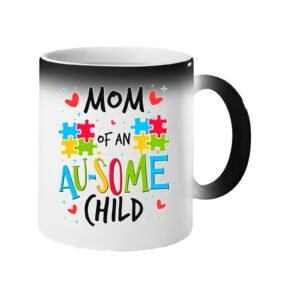 Colour changing mug revealing “Mom of an AU-SOME child” with colourful puzzle pieces and hearts