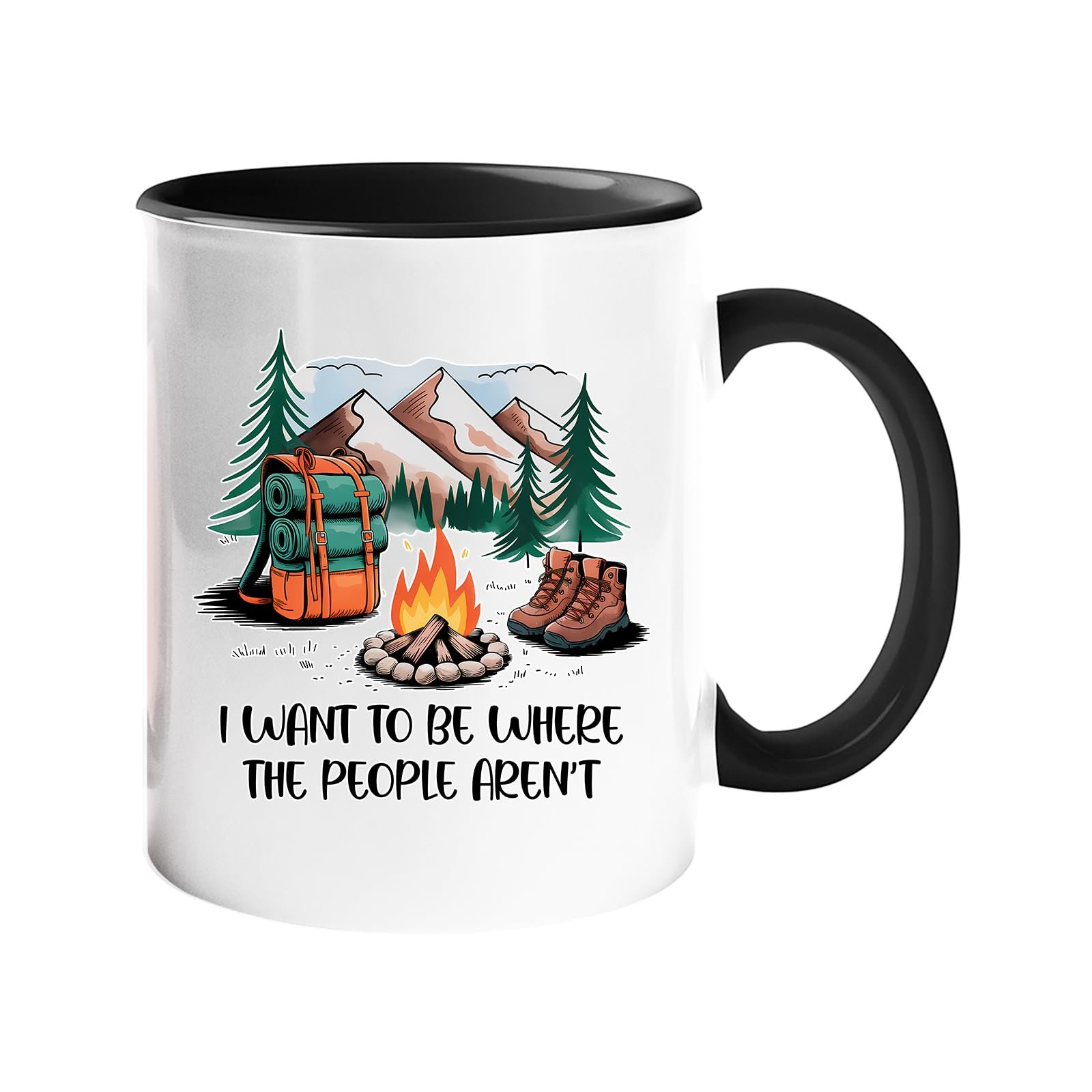 61zmp4nndvl.jpg Colour handle mug with a campfire, backpack, boots and mountains with “I want to be where the people aren’t” – black handle and inside