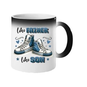 Colour changing mug revealing a pair of blue high-top sneakers with hearts and “Like father, like son”