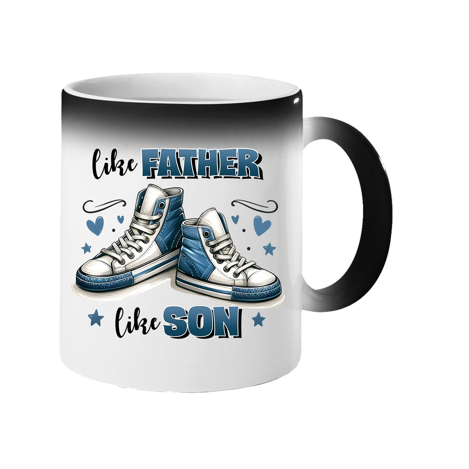 61 4uxdy0wl.jpg Colour changing mug revealing a pair of blue high-top sneakers with hearts and “Like father, like son”