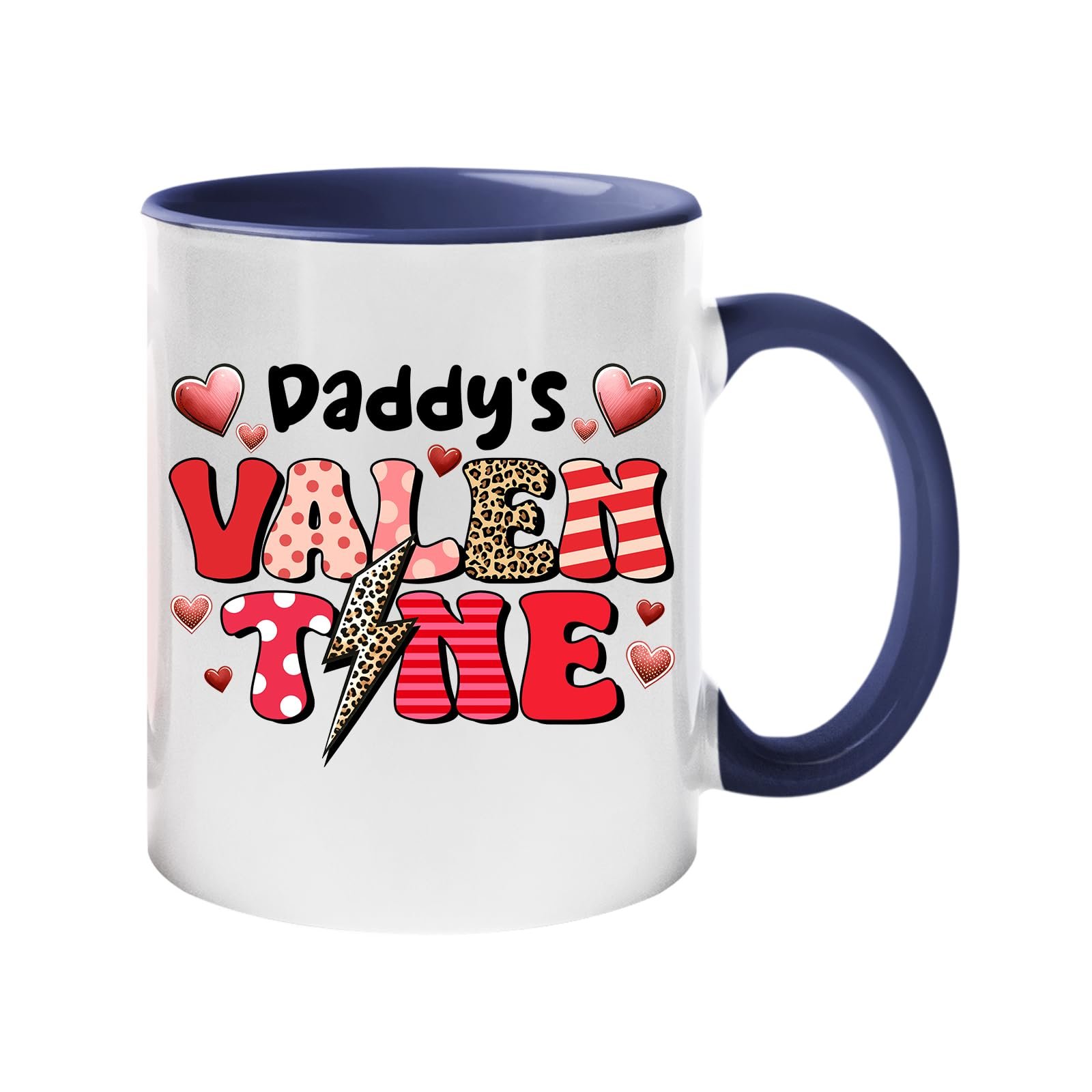 61 bbe5yf2l.jpg Colour handle mug with “Daddy’s Valentine” in patterned letters with hearts and a leopard lightning bolt – dark blue handle and inside