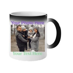 Colour changing mug revealing an example family photo and text