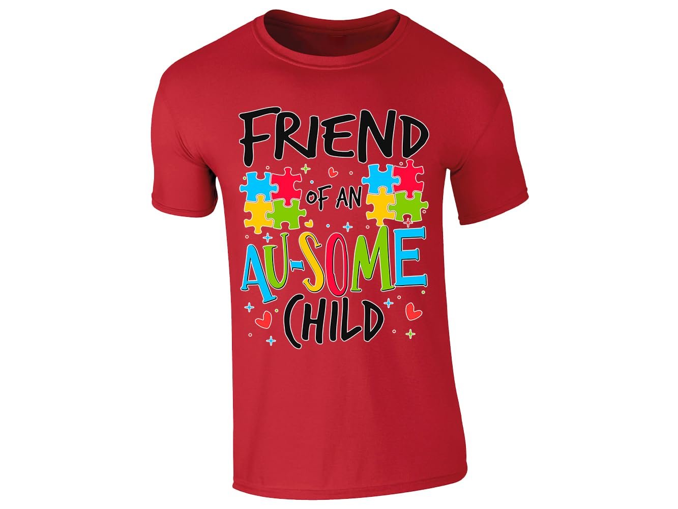 61agaskeypl.jpg Red men's T-shirt with “Friend of an Au-some child” puzzle piece design