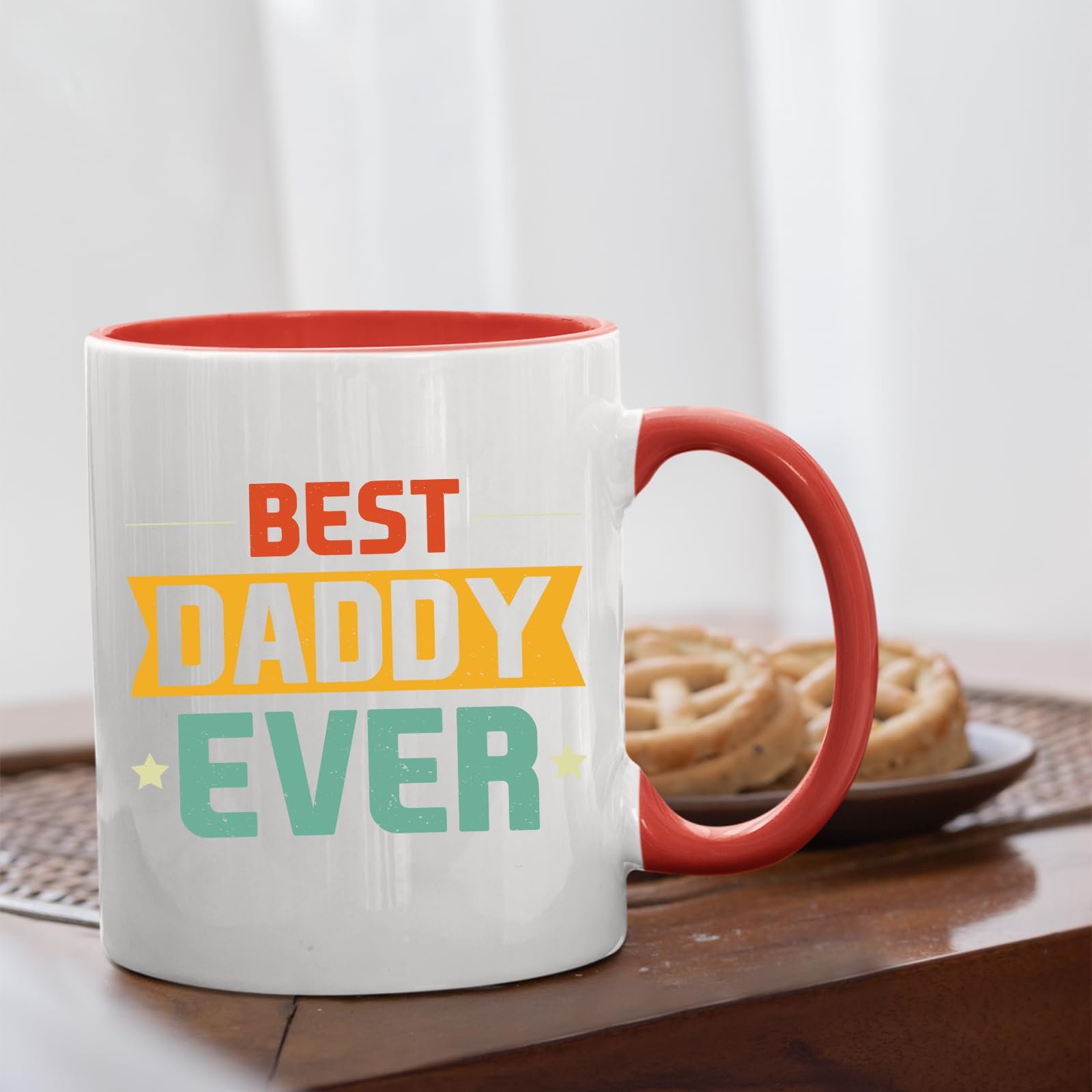 61andzaii9l.jpg Best Daddy Ever retro mug with a red handle beside biscuits