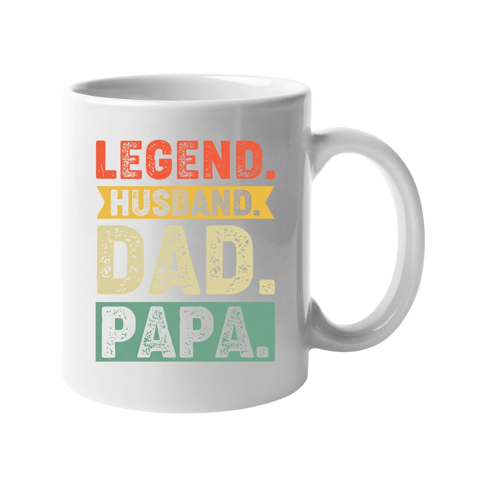 61awppqho4l.jpg White mug with “Legend. Husband. Dad. Papa.” in distressed retro colour blocks