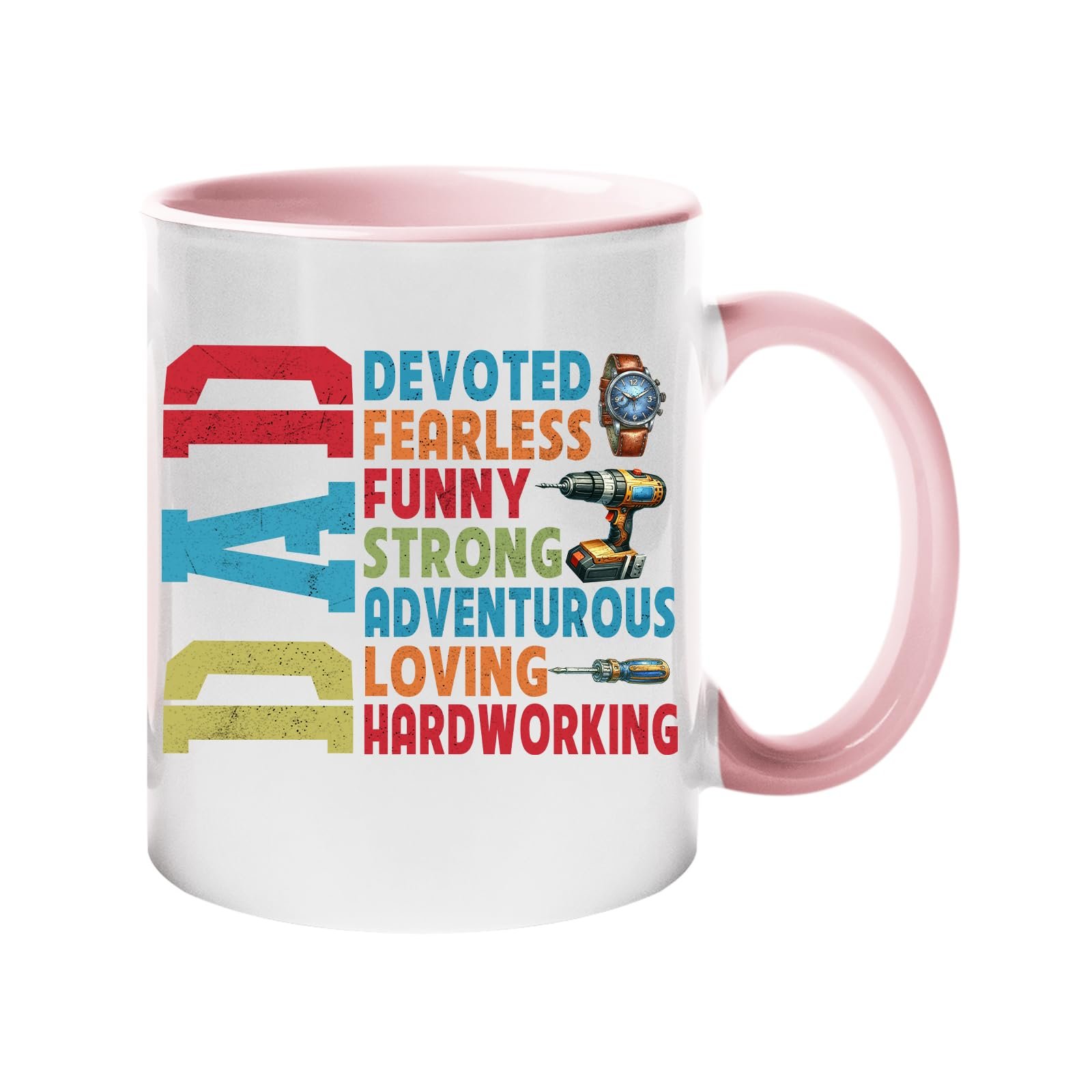 61bb4ec3wul.jpg Colour handle mug with a vertical “DAD” beside devoted, fearless, funny, strong, adventurous, loving and hardworking – light pink handle and inside