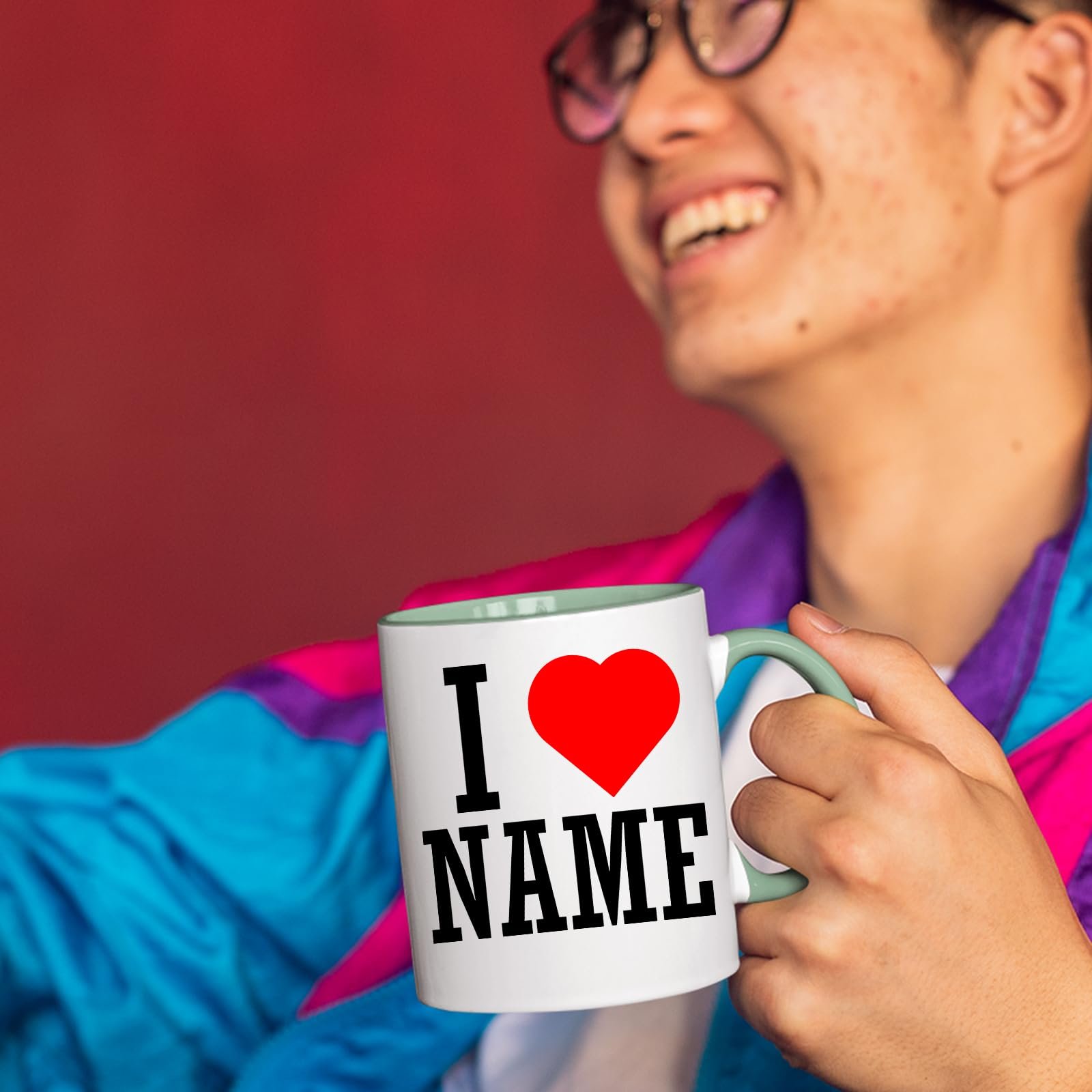 61bcf0a7btl.jpg Person laughing while holding an I love name mug with a lime handle