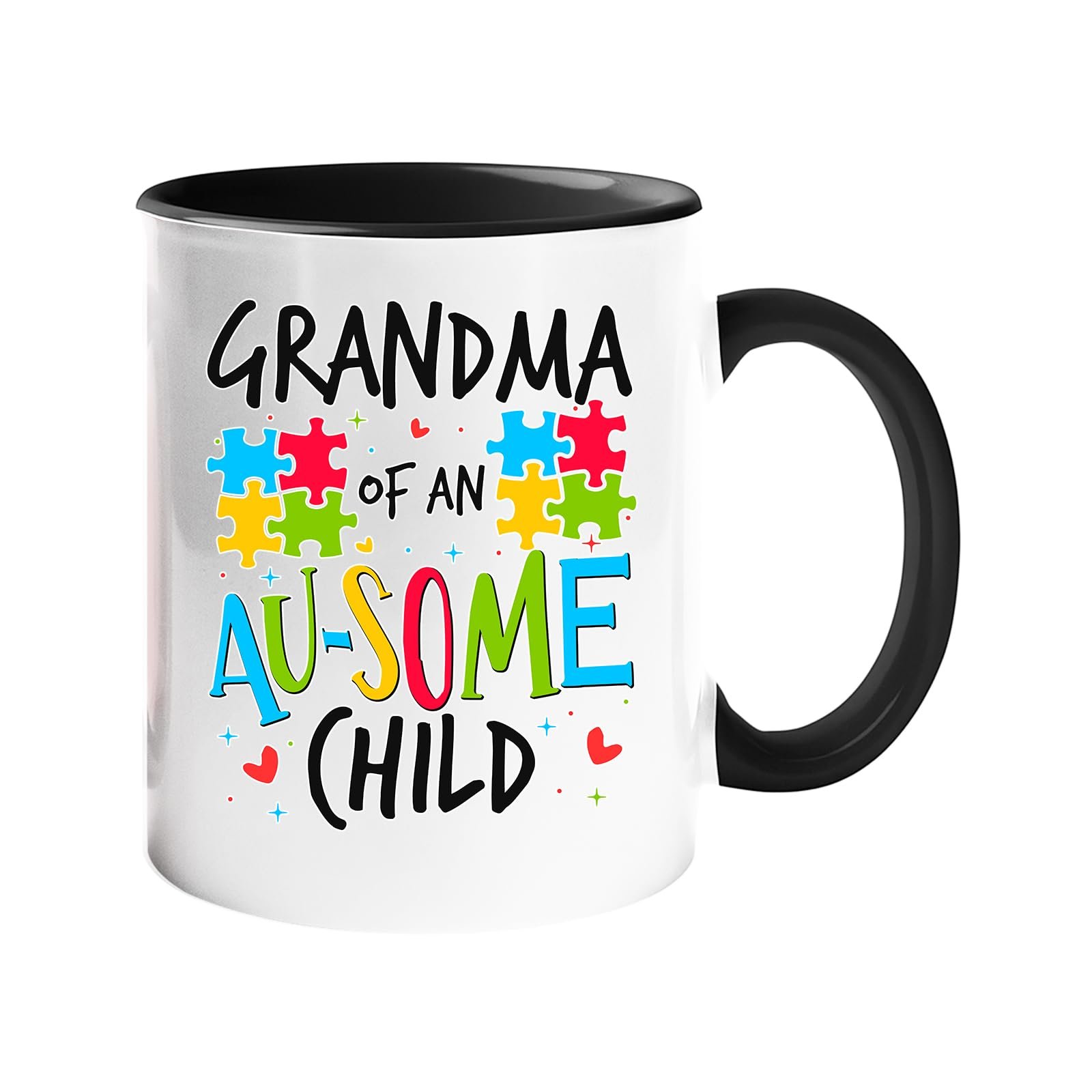 61bwqz3tsml.jpg Colour handle mug with “Grandma of an AU-SOME child” with colourful puzzle pieces – black handle and inside