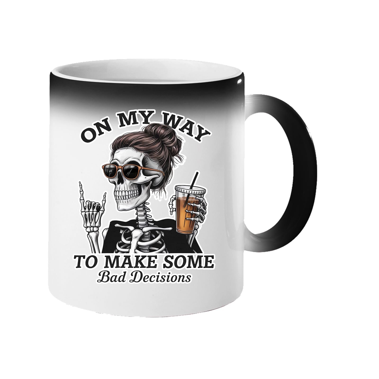 61cdt7tk ll.jpg Colour changing mug revealing a skeleton with sunglasses and an iced coffee and “On my way to make some bad decisions”
