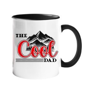 Colour handle mug with “The Cool Dad” in red script under black mountain peaks – black handle and inside