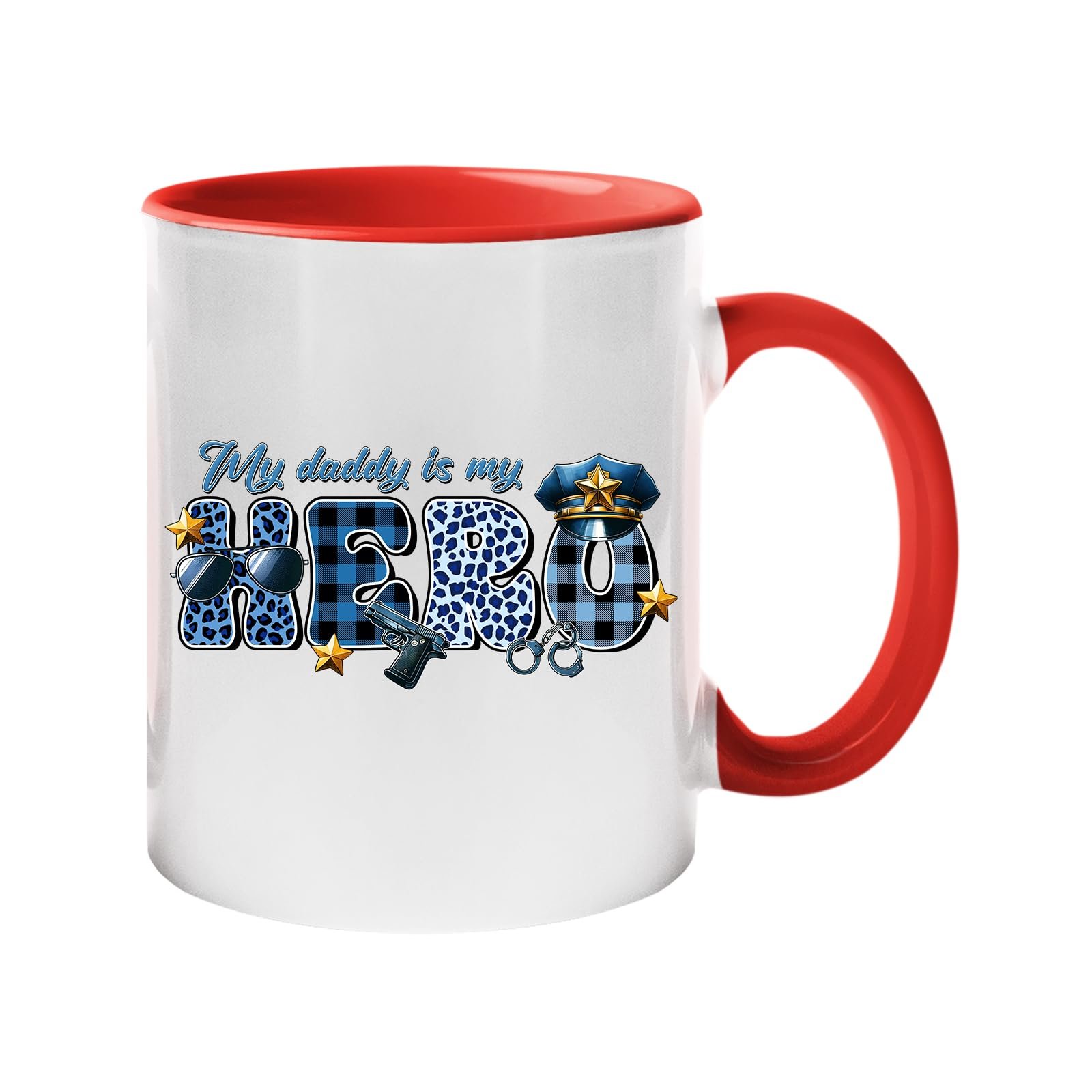 61cyezihl8l.jpg Colour handle mug with “My daddy is my hero” in blue plaid and leopard letters with a police cap and badge – red handle and inside