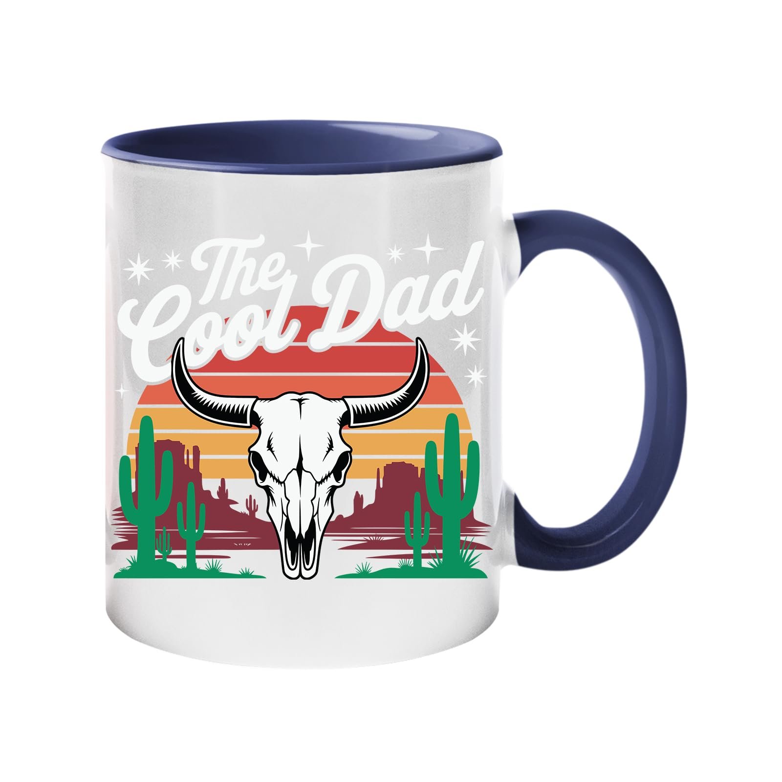 61czbyfuf7l.jpg Colour handle mug with a bull skull, cacti and a retro desert sunset with “The Cool Dad” – dark blue handle and inside