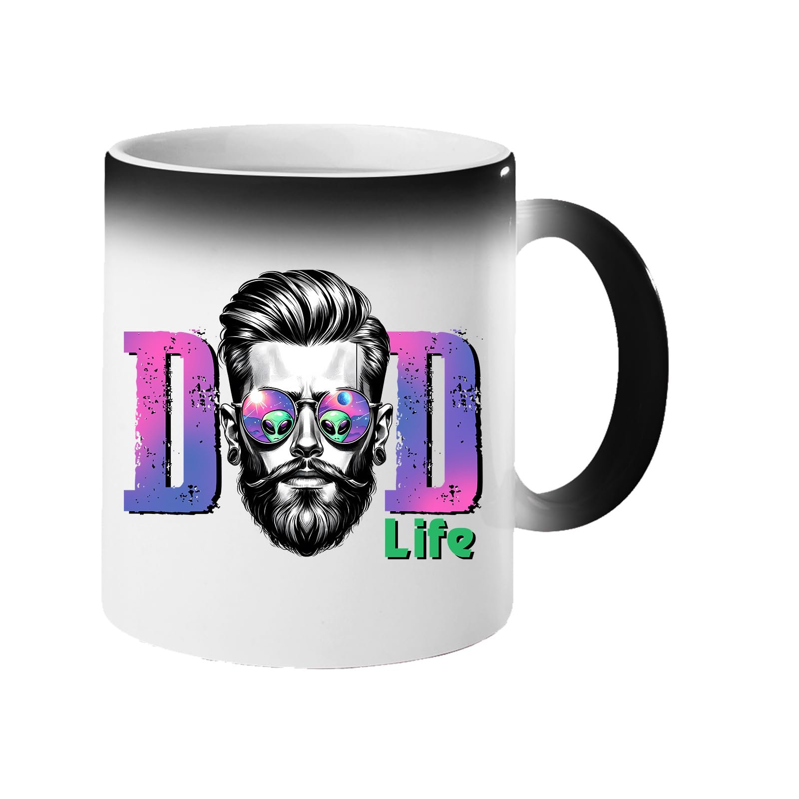 61che cmd l.jpg Colour changing mug revealing a bearded dad in sunglasses between pink “DAD” letters signed “Life”
