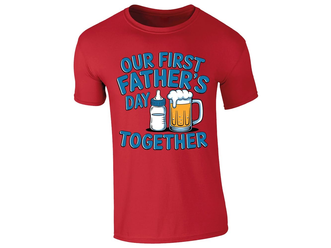 61cqlrd6n3l.jpg Red men's T-shirt with “Our first Father’s Day together” baby bottle and beer design