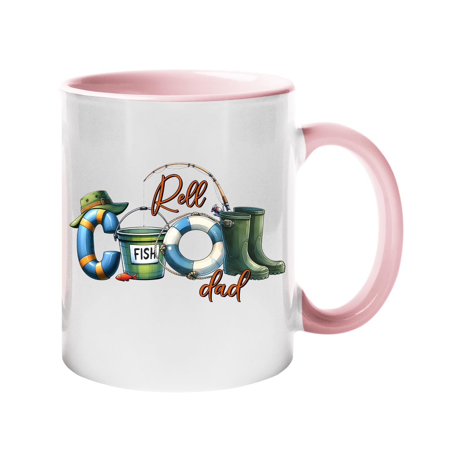 61djviojbyl.jpg Colour handle mug with “Reel COOL Dad” spelled out with a bucket hat, bait tin, float and wellies – light pink handle and inside