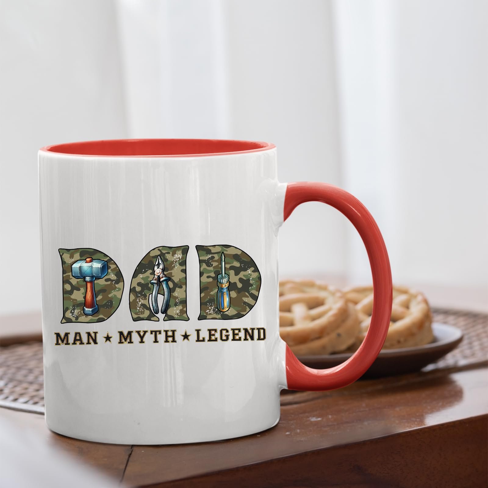 61dcx6dc yl.jpg Dad Man Myth Legend tools mug with a red handle beside biscuits