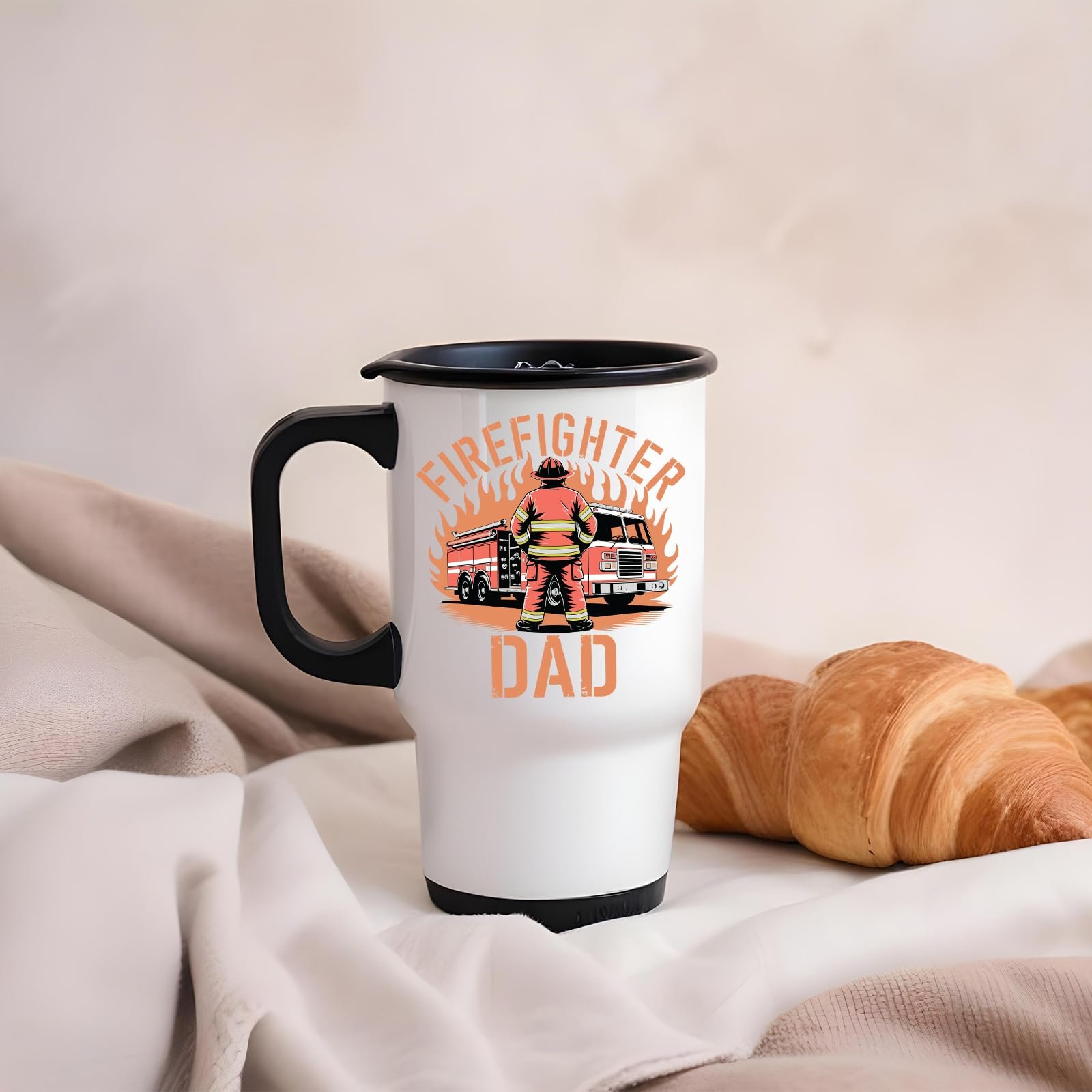 61dhzb95atl.jpg Firefighter Dad travel mug on a soft blanket beside a croissant