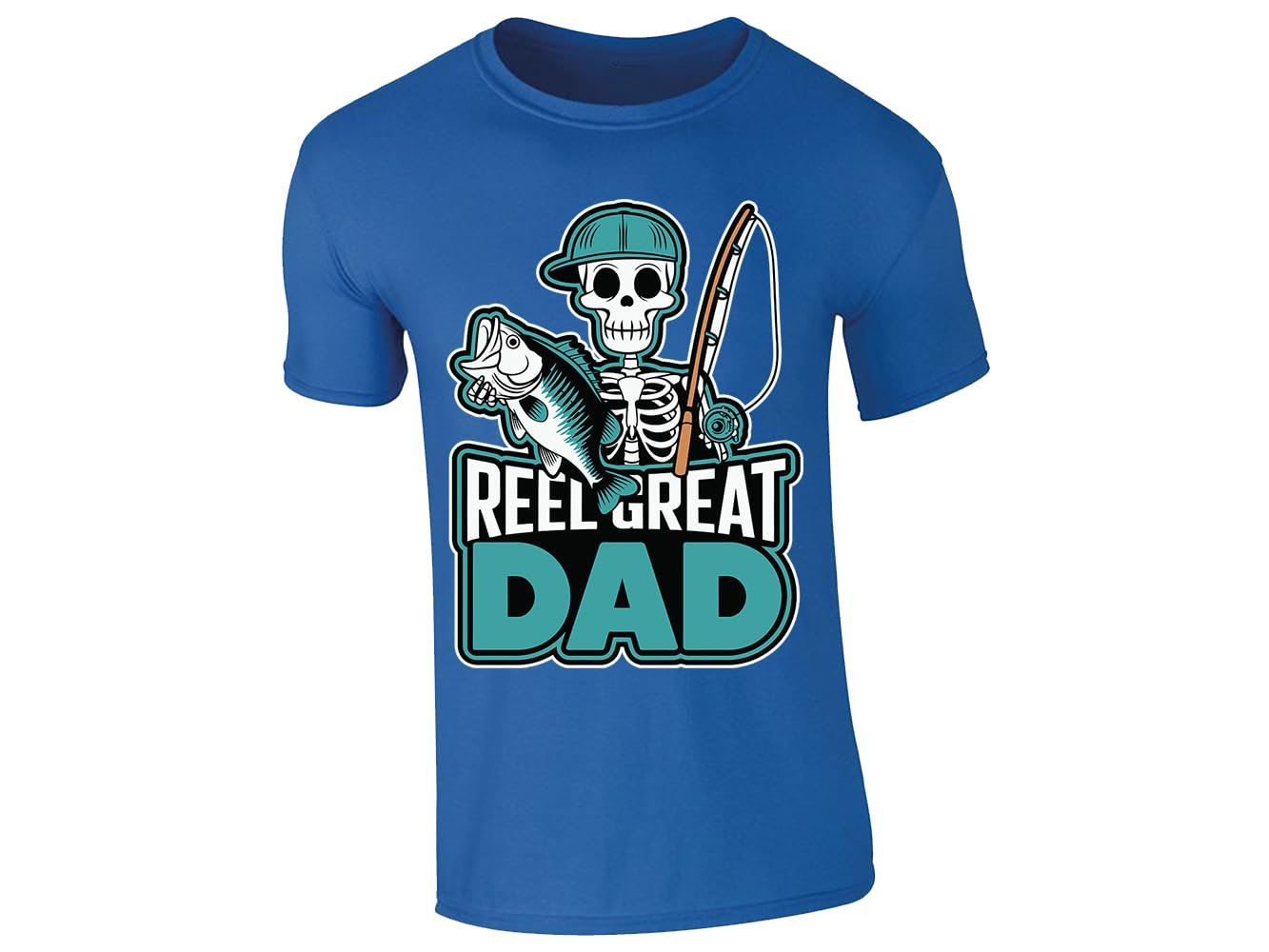 61djfmefjhl.jpg Royal Blue men's T-shirt with “Reel Great Dad” skeleton angler design
