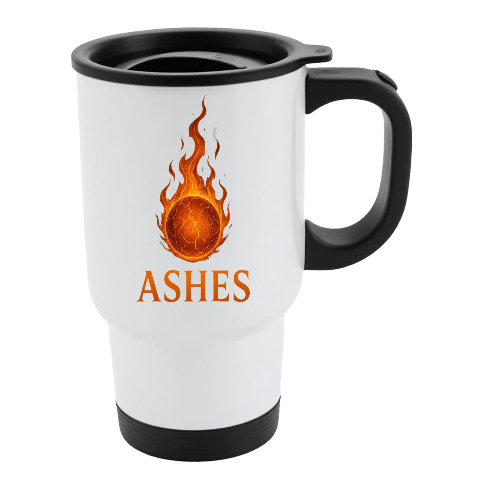 61dprtdgxsl.jpg White 14oz travel mug with black lid and a flaming cricket ball ASHES design