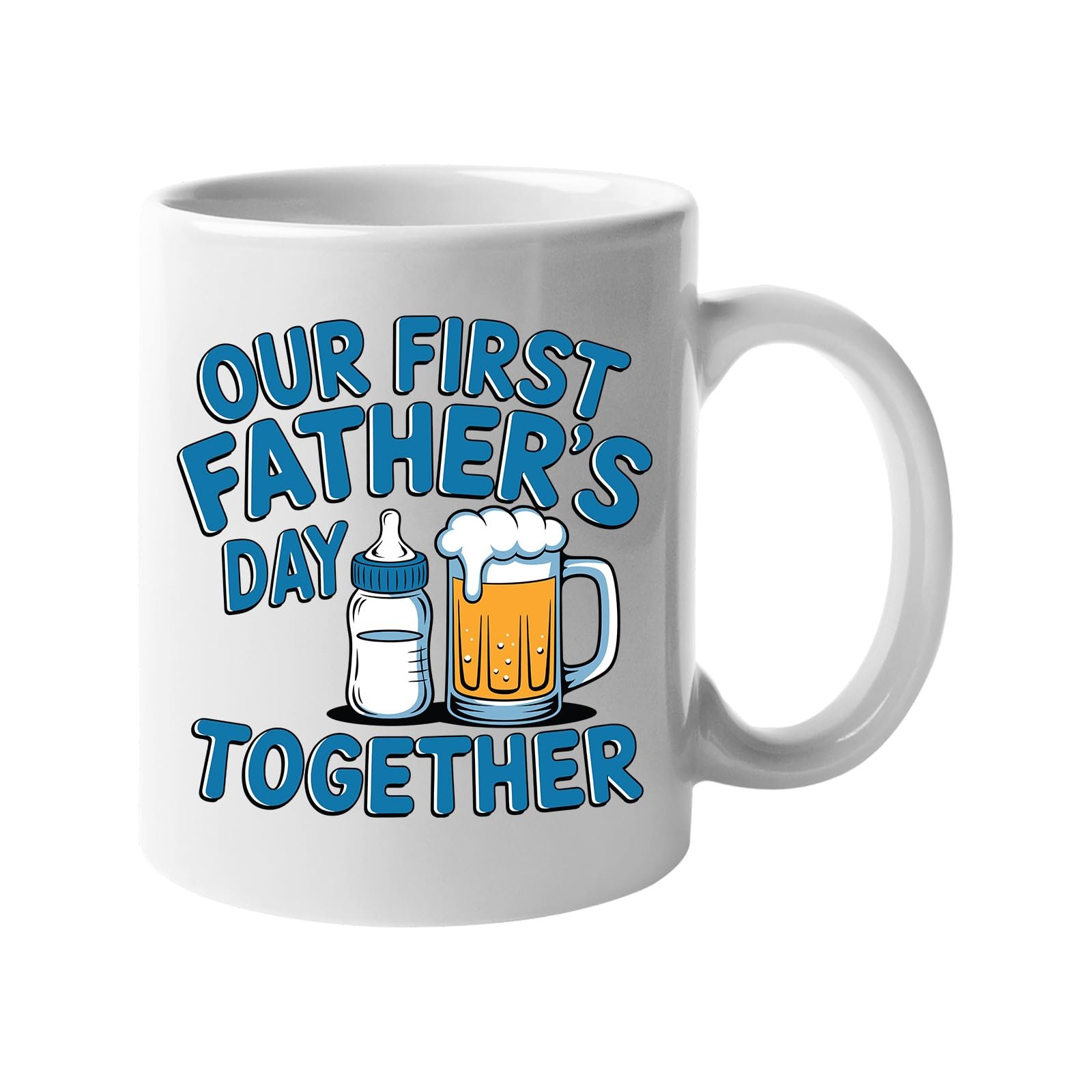 61dvdvxengl.jpg White mug with a baby bottle and a pint of beer with “Our first Father’s Day together” in blue