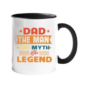 Colour handle mug with “Dad – the man, the myth, the legend” in retro banner lettering – black handle and inside