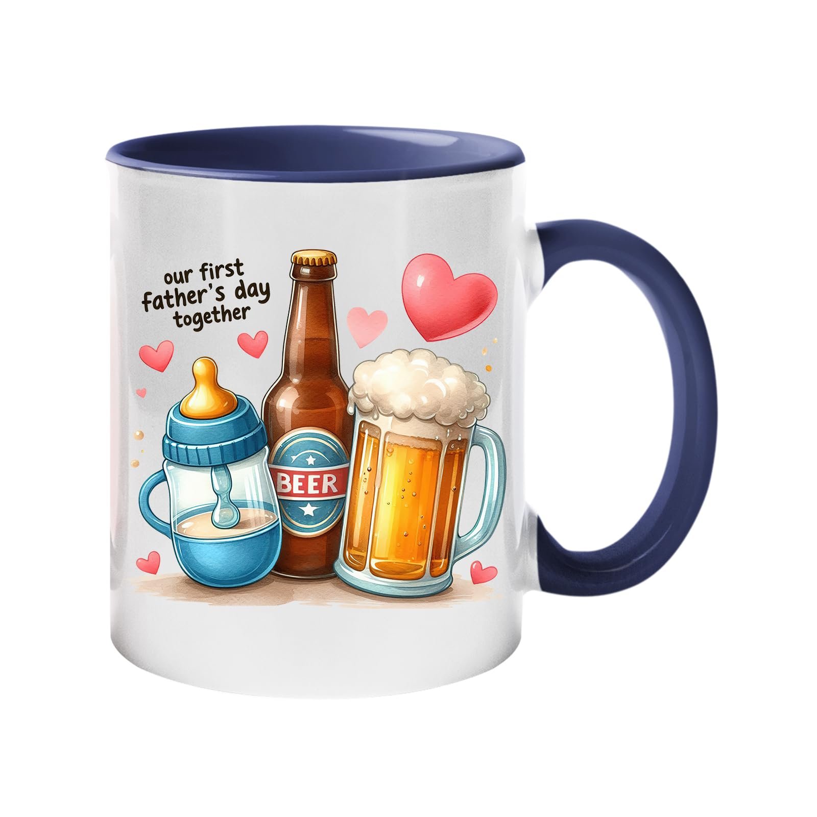 61efrnsn84l.jpg Colour handle mug with a baby bottle, a beer bottle and a frothy pint with hearts and “Our first Father’s Day together” – dark blue handle and inside