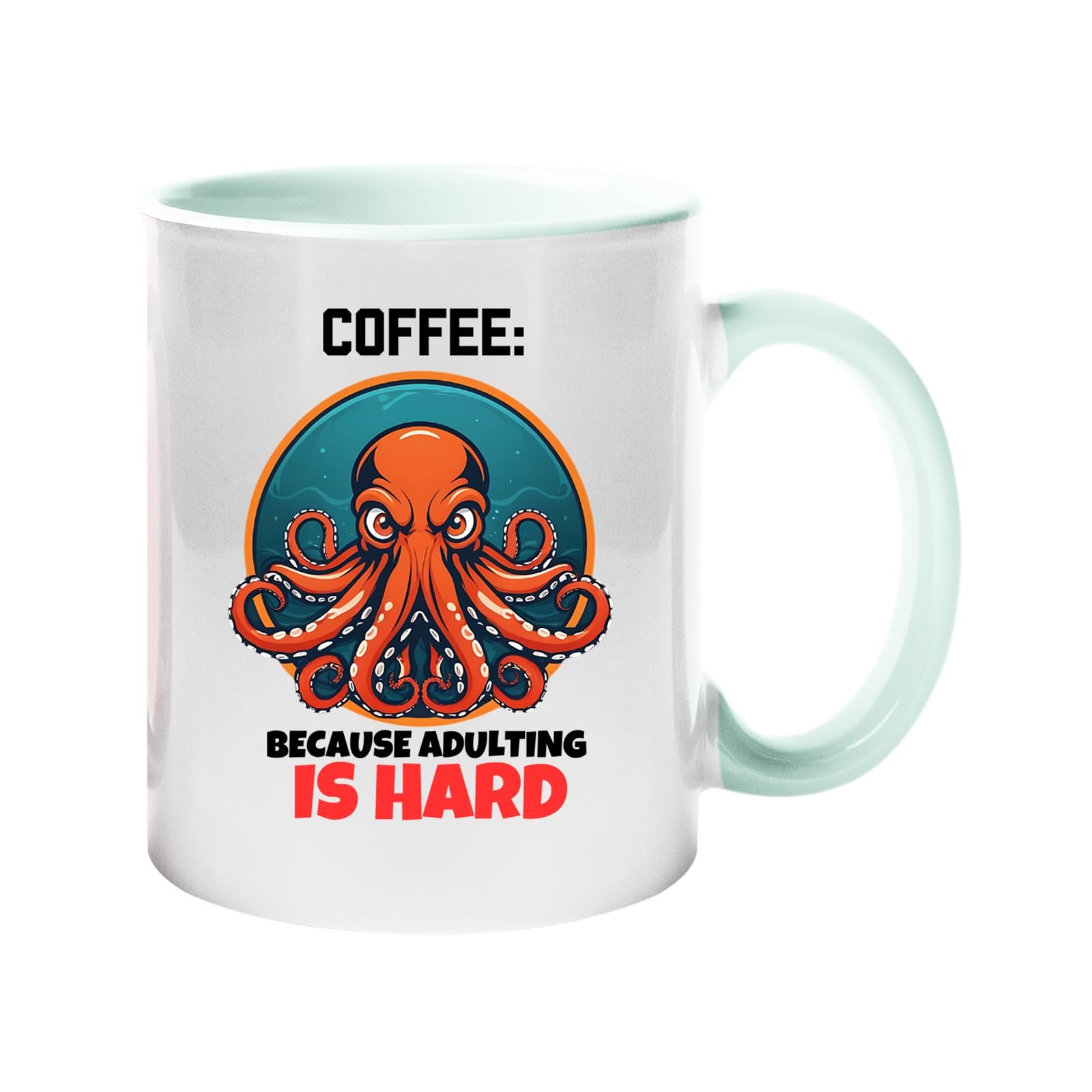 61ehfnq45yl.jpg Colour handle mug with a grumpy orange octopus and “Coffee: because adulting is hard” – lime handle and inside