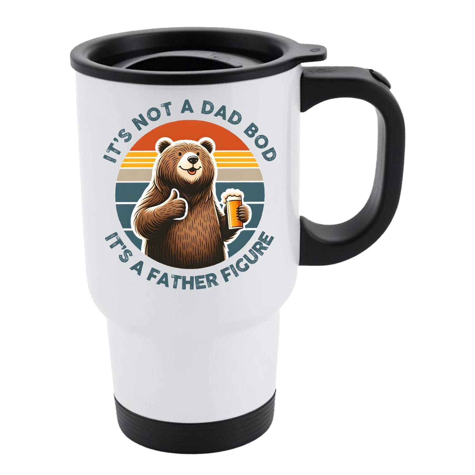 61euszmlapl.jpg White travel mug with black lid and a thumbs-up bear with a beer on a retro sunset and “It’s not a dad bod, it’s a father figure”