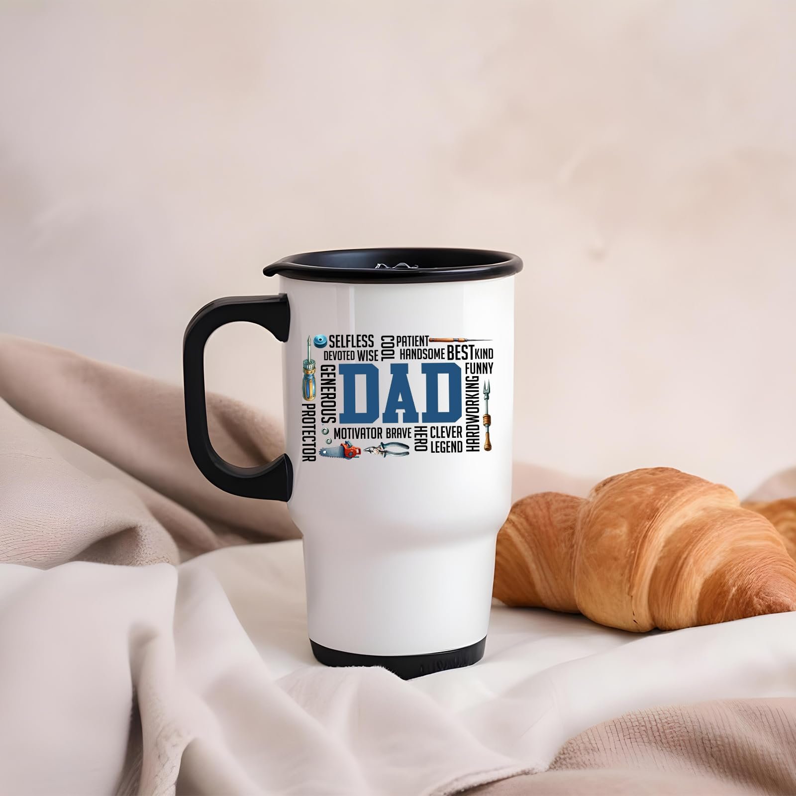 61eytfjenul.jpg DAD word cloud travel mug on a soft blanket beside a croissant