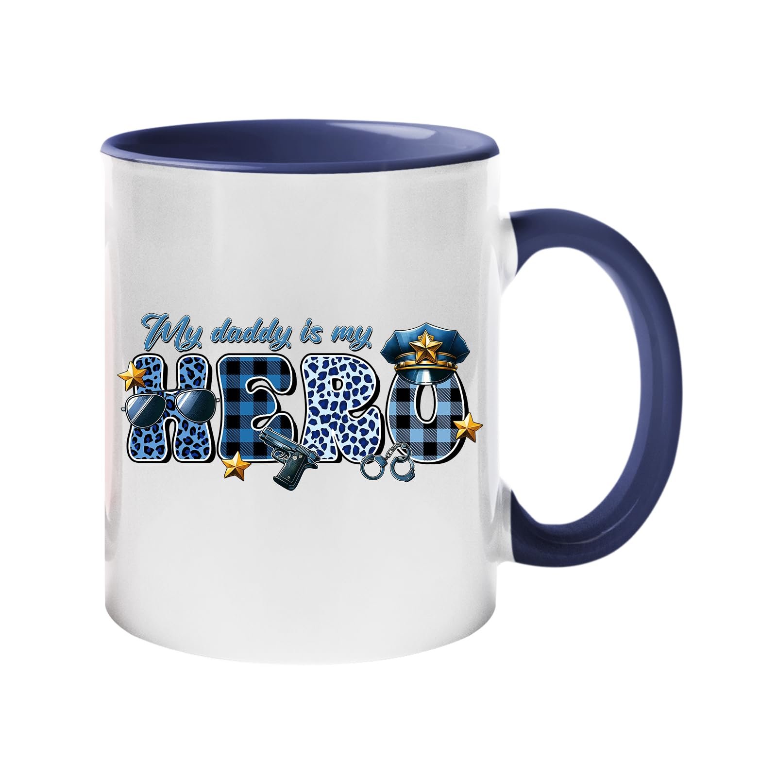 61ezz wjqkl.jpg Colour handle mug with “My daddy is my hero” in blue plaid and leopard letters with a police cap and badge – dark blue handle and inside