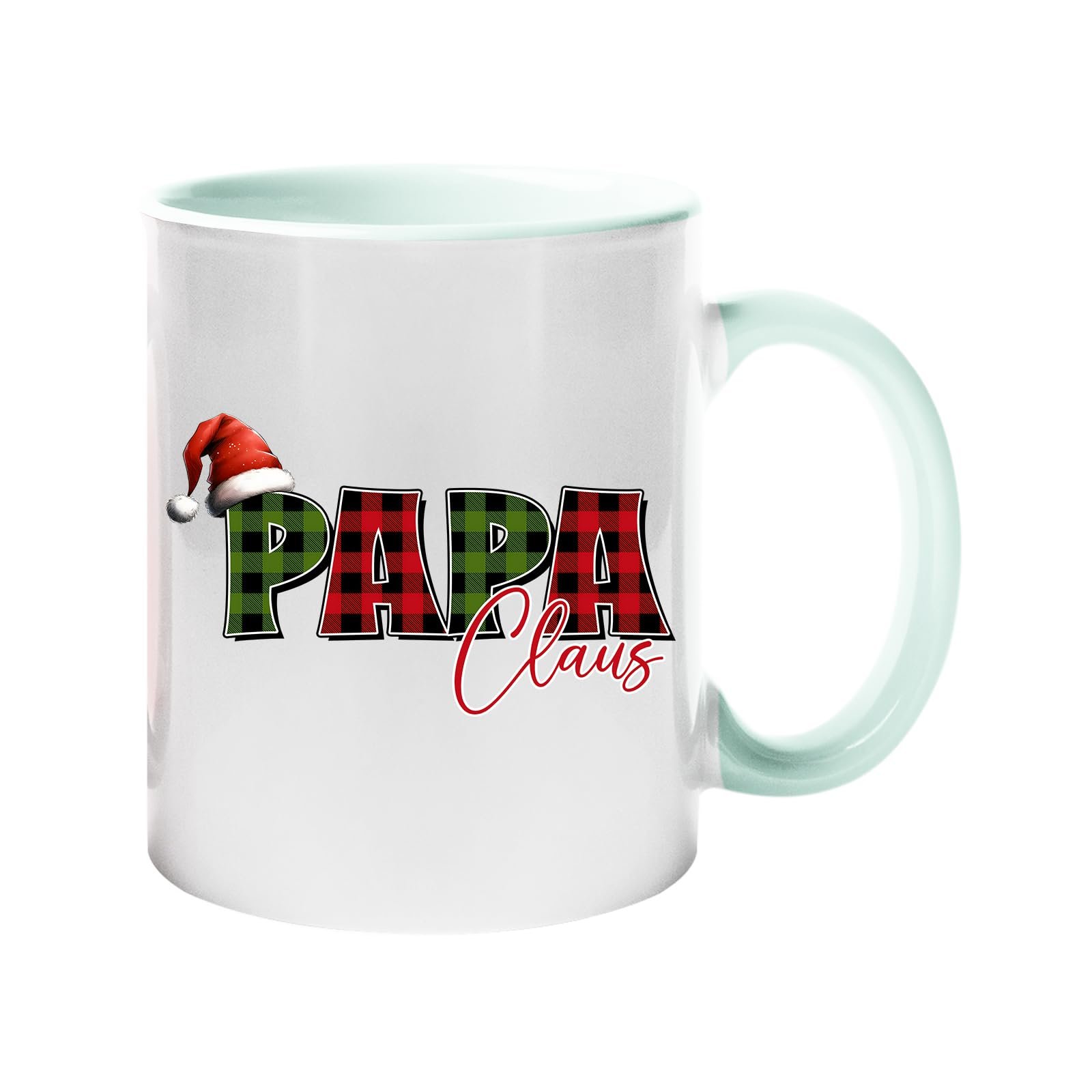 61f8zhcsmol.jpg Colour handle mug with “Papa” in red and green plaid with a Santa hat and “Claus” in script – lime handle and inside