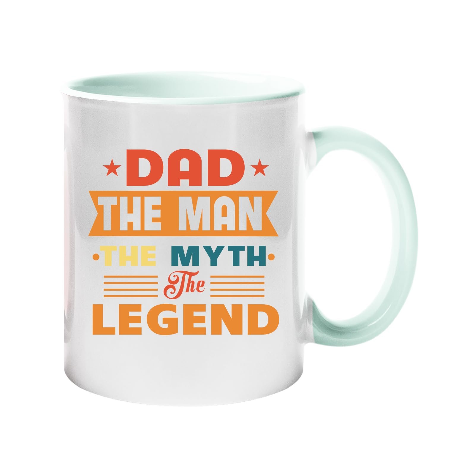 61gfjobvavl.jpg Colour handle mug with “Dad – the man, the myth, the legend” in retro banner lettering – lime handle and inside