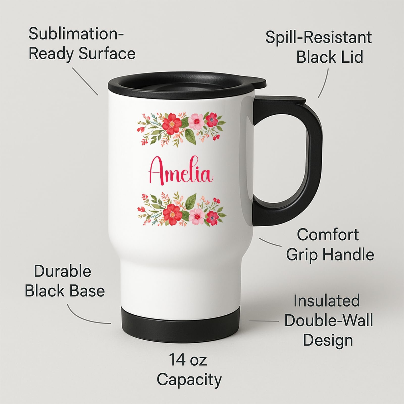 61gv2fcencl.jpg Travel mug with a red flower border around an example name and feature labels