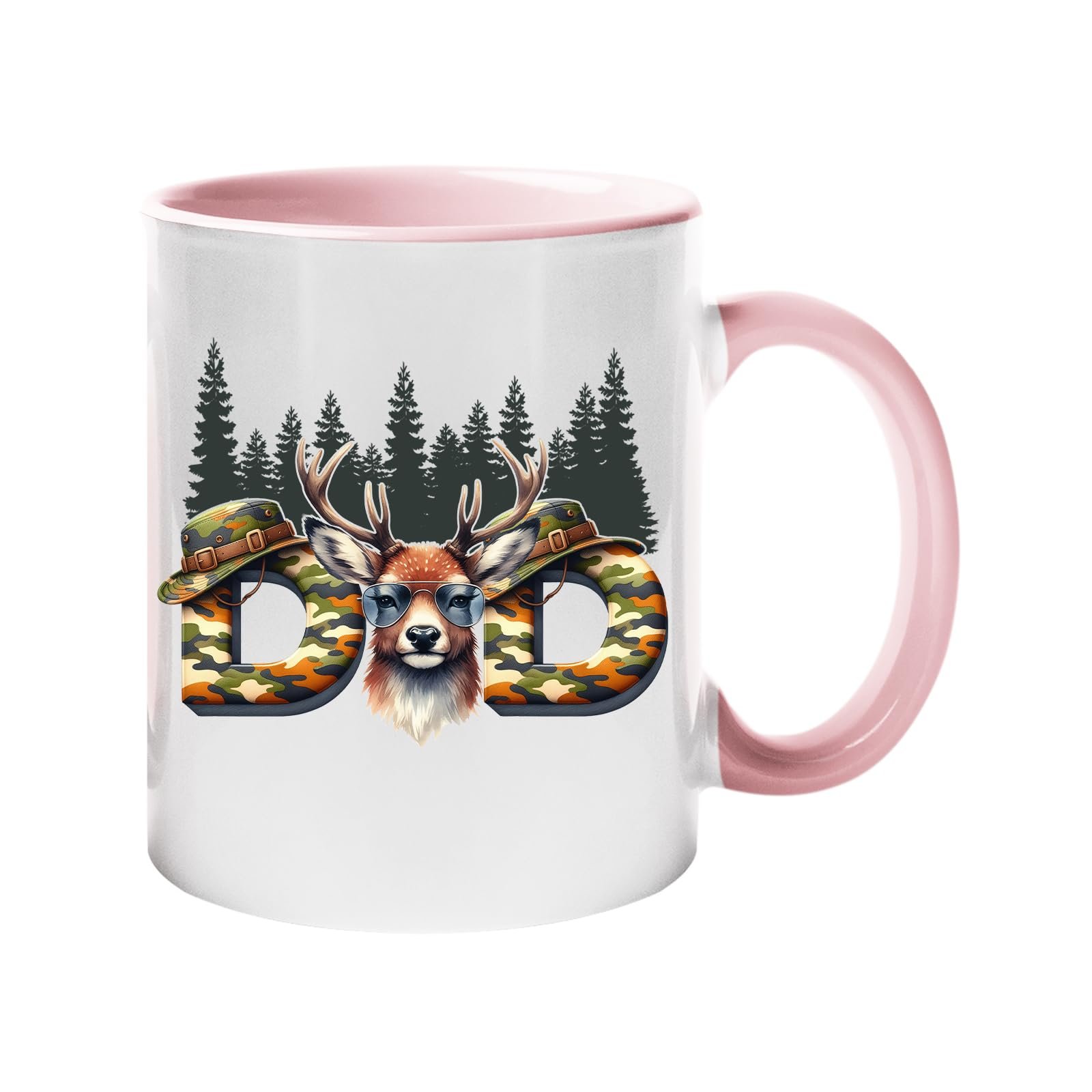 61hnainsonl.jpg Colour handle mug with camo “DAD” letters with a stag’s head and pine forest – light pink handle and inside