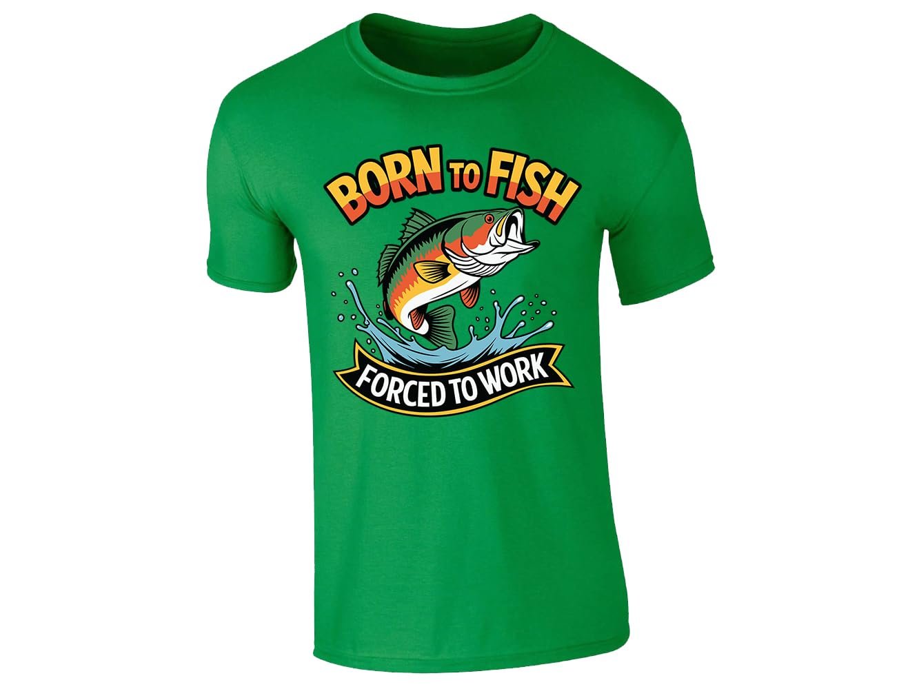 61htwgyqcel.jpg Irish Green men's T-shirt with “Born to fish, forced to work” leaping bass design