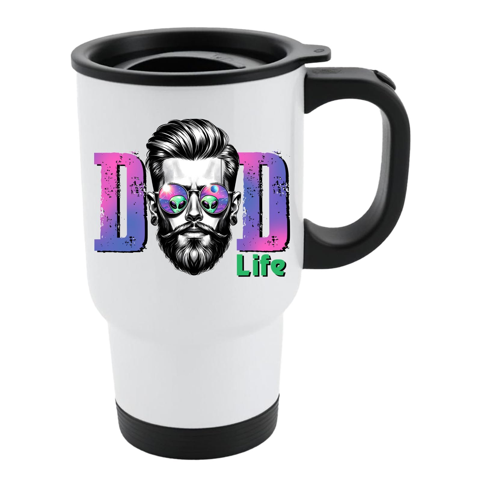 61iha6ycsbl.jpg White travel mug with black lid and a bearded dad in sunglasses between pink “DAD” letters signed “Life”