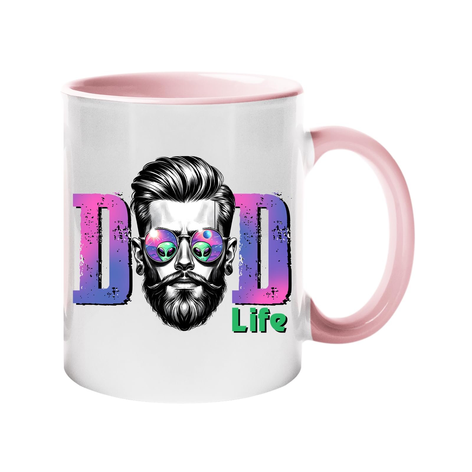 61j0rpwdvfl.jpg Colour handle mug with a bearded dad in sunglasses between pink “DAD” letters signed “Life” – light pink handle and inside