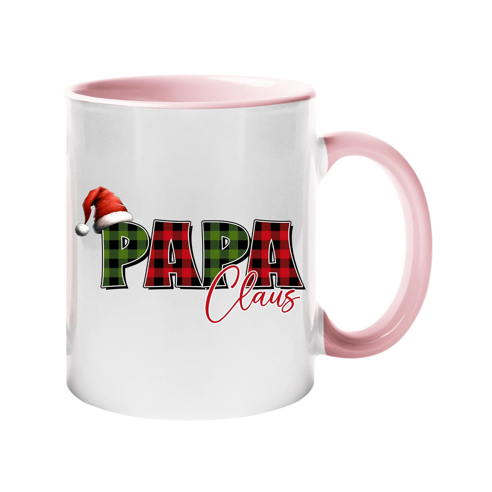 61jki9jckfl.jpg Colour handle mug with “Papa” in red and green plaid with a Santa hat and “Claus” in script – light pink handle and inside