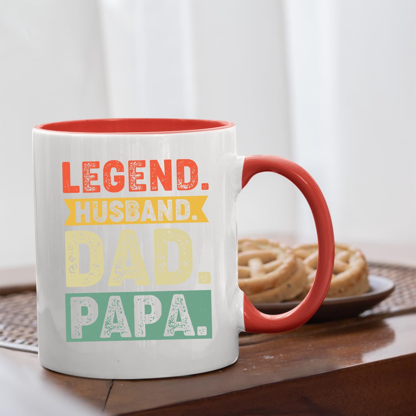 61jq66pbscl.jpg Legend Husband Dad Papa mug with a red handle beside biscuits