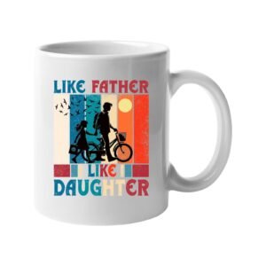 White mug with a dad and daughter with a bike in silhouette over retro stripes and “Like father, like daughter”