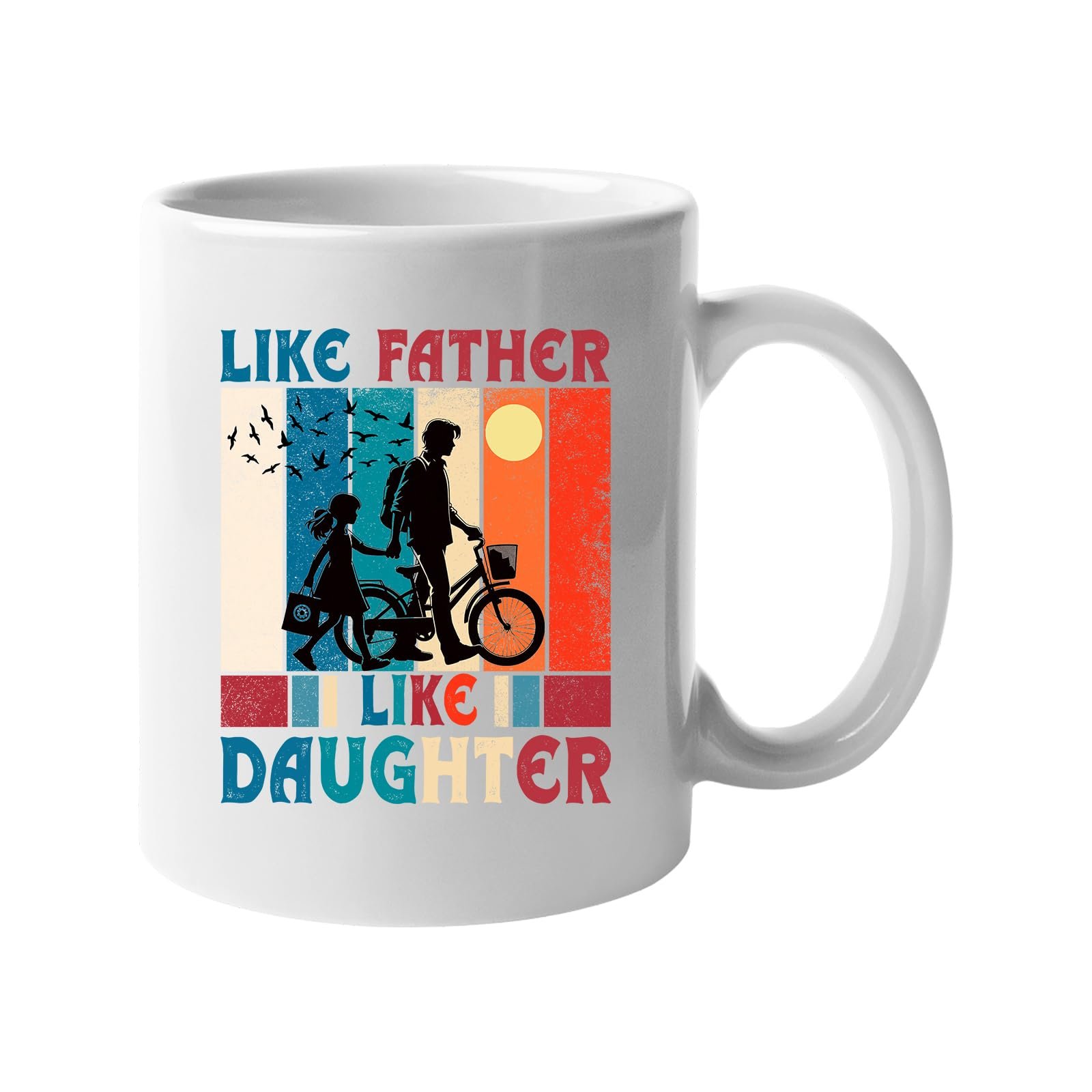 61jtml4xacl.jpg White mug with a dad and daughter with a bike in silhouette over retro stripes and “Like father, like daughter”