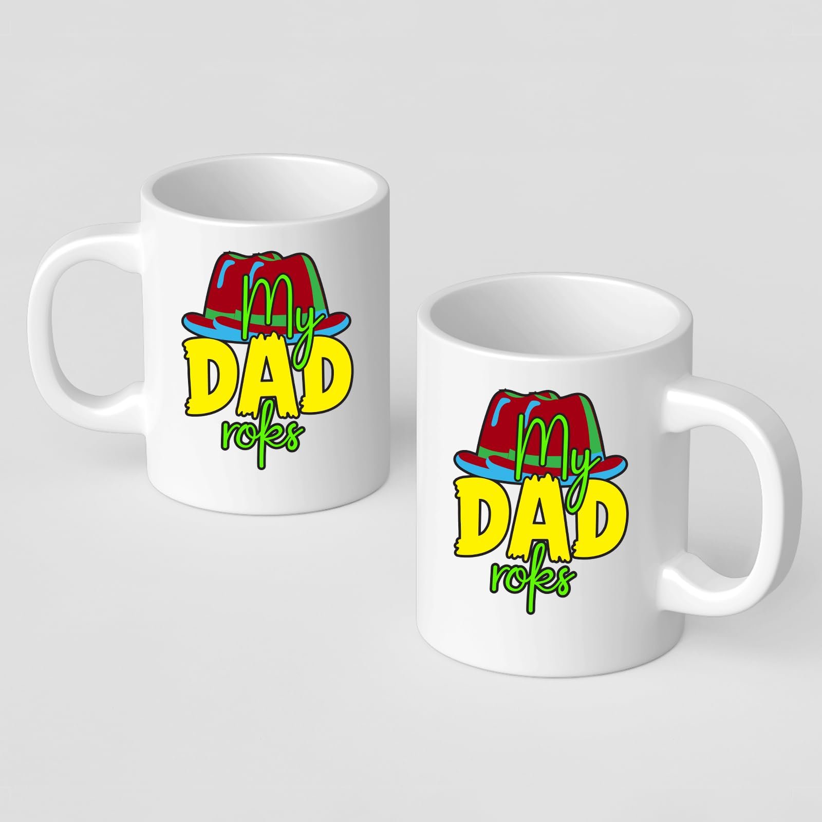 61jrrrqs6 l.jpg Two white mugs with the colourful My Dad Rocks hat design