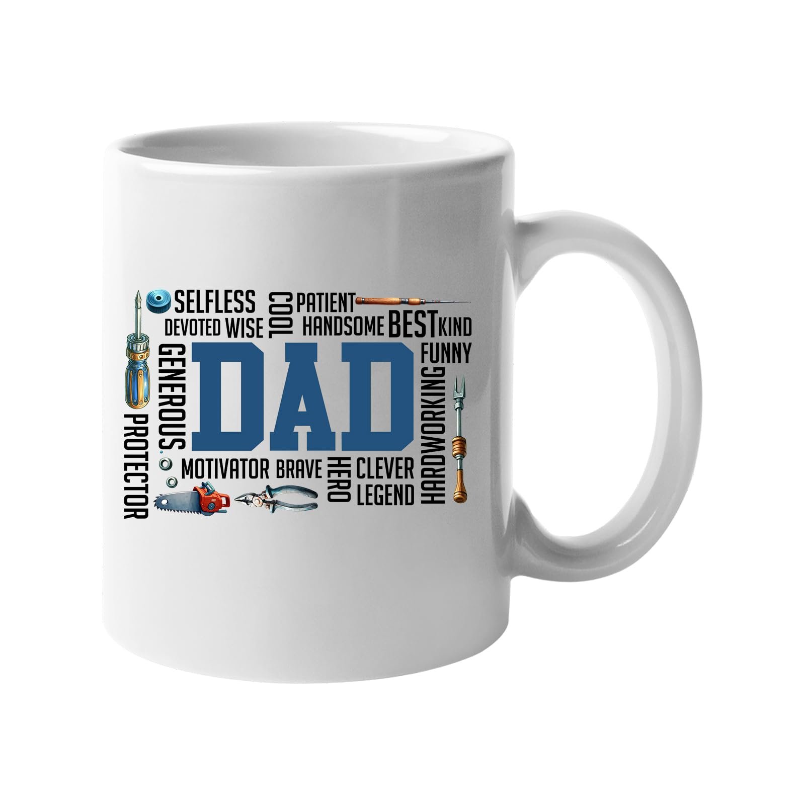 61jwasgbyhl.jpg White mug with a big blue “DAD” surrounded by words like selfless, wise, funny, brave, hero and legend