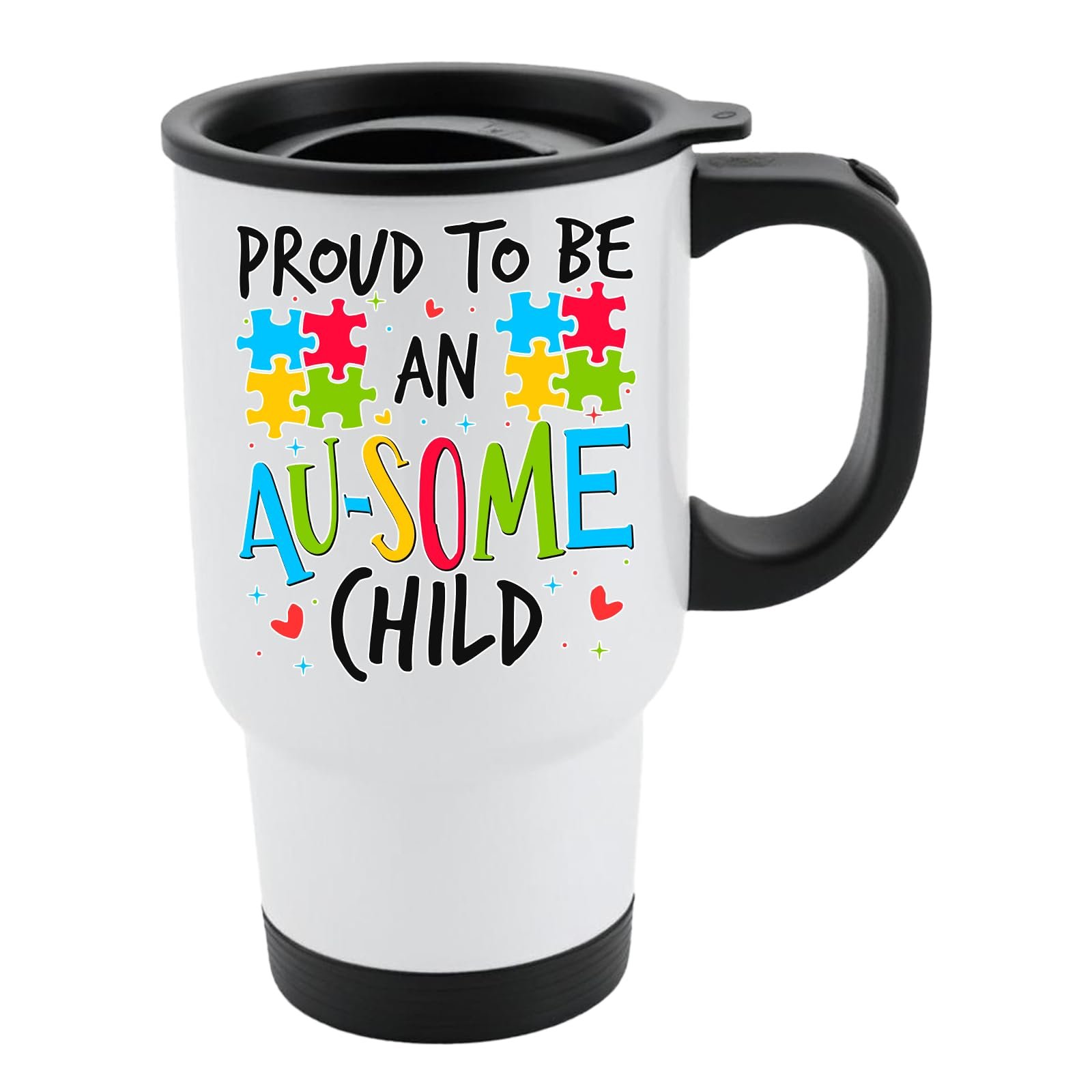 61kx73awpjl.jpg White travel mug with black lid and “Proud to be an AU-SOME child” with colourful puzzle pieces
