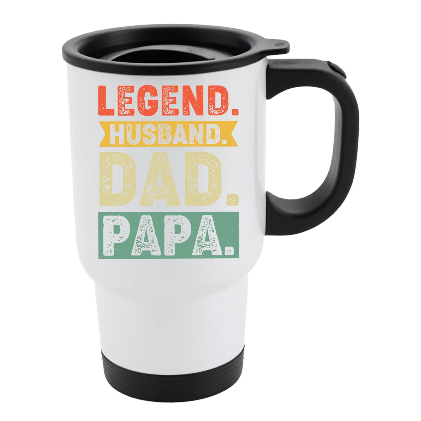 61l zjmoppl.jpg White travel mug with black lid and “Legend. Husband. Dad. Papa.” in distressed retro colour blocks
