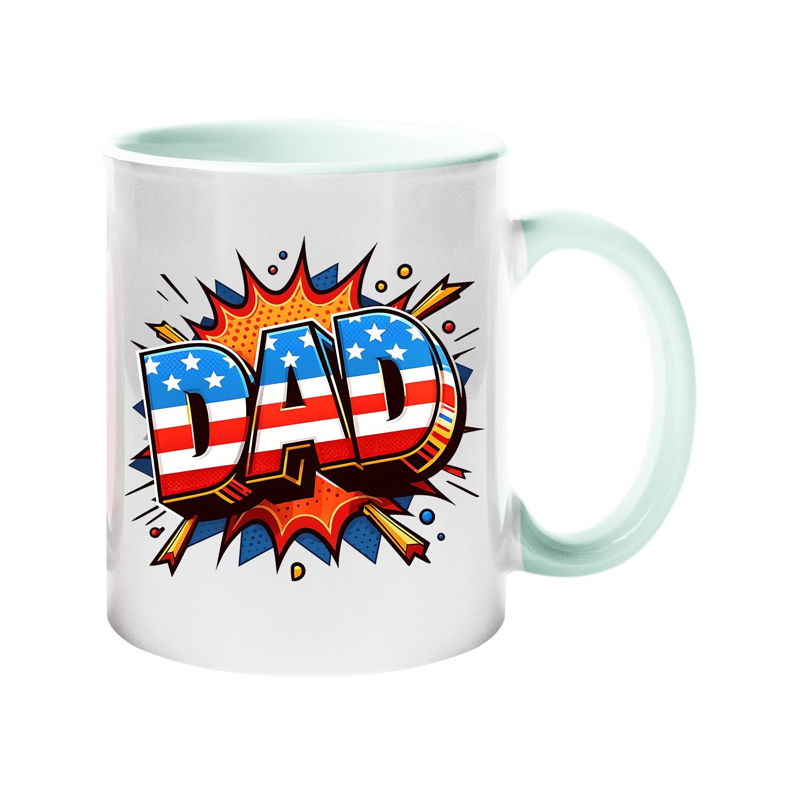 61lmqje7cjl.jpg Colour handle mug with a comic-style “DAD” in stars and stripes on a starburst – lime handle and inside
