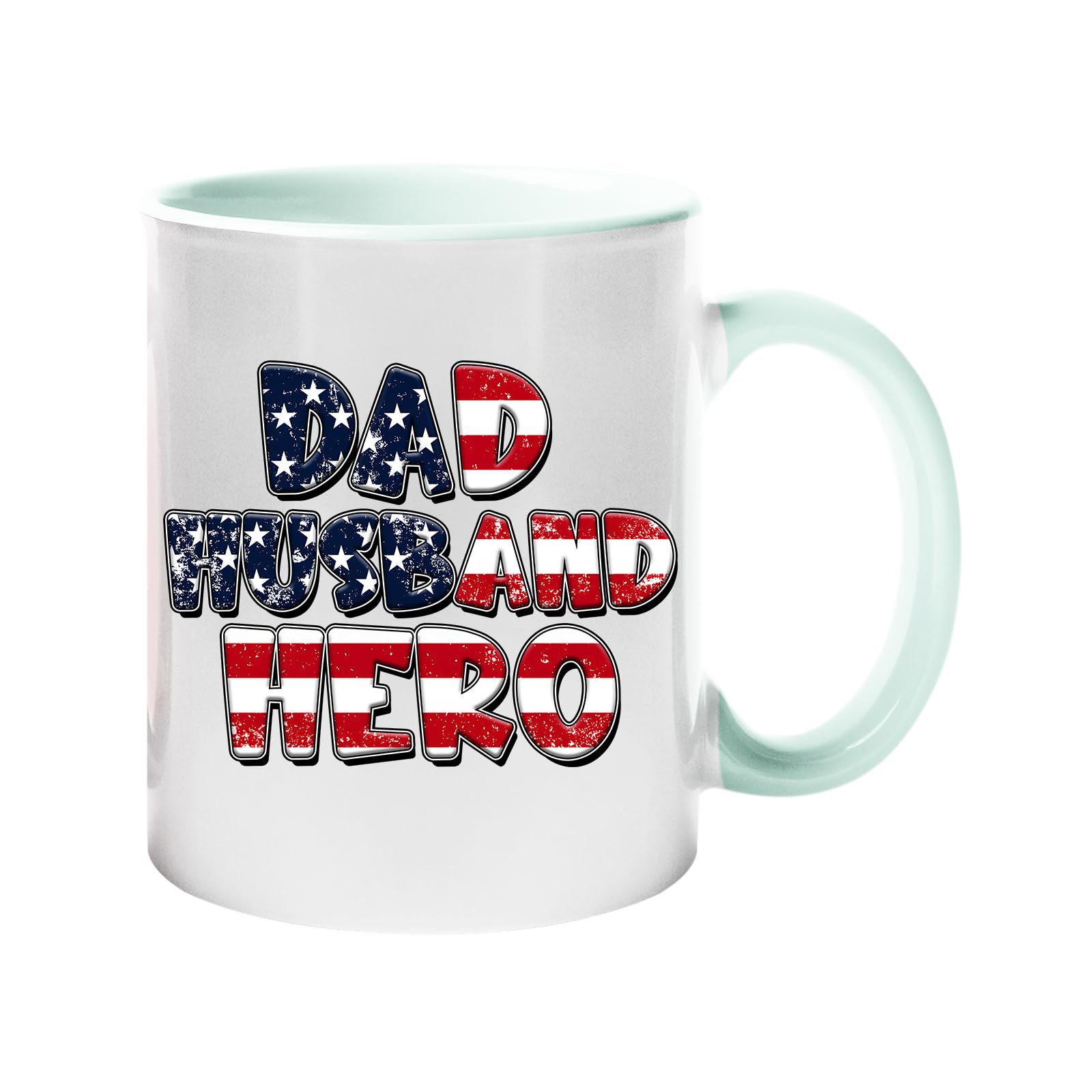 61lc9hyefsl.jpg Colour handle mug with “Dad, Husband, Hero” in stars-and-stripes lettering – lime handle and inside
