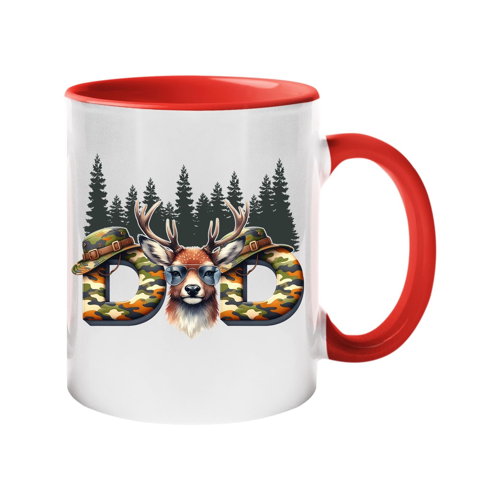 61lywrbk5 l.jpg Colour handle mug with camo “DAD” letters with a stag’s head and pine forest – red handle and inside