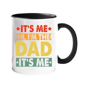 Colour handle mug with “It’s me, hi, I’m the dad, it’s me” in retro coloured banners – black handle and inside